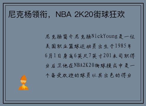 尼克杨领衔，NBA 2K20街球狂欢